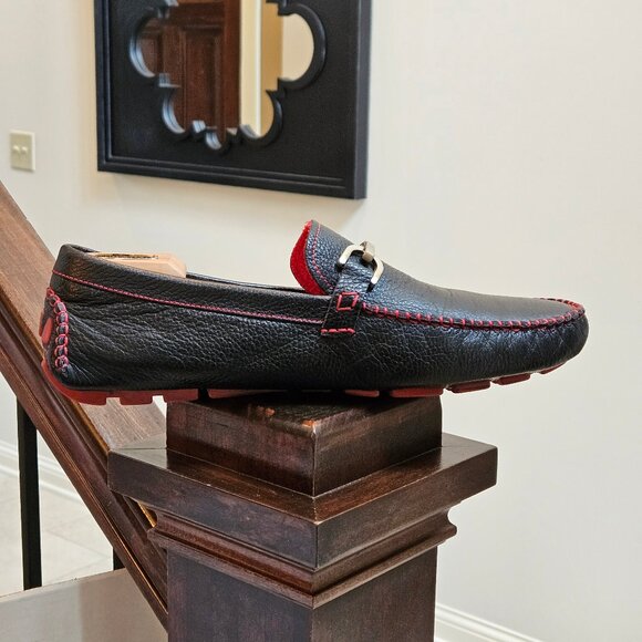 Donald Pliner Men's Soft Leather Horsebit Loafers, Black/Red, Sz 12 - Picture 8 of 16